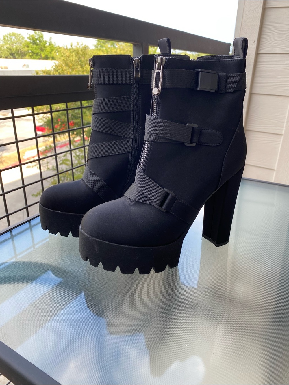 Black Platform Ankle Boots with Buckle Straps - Women